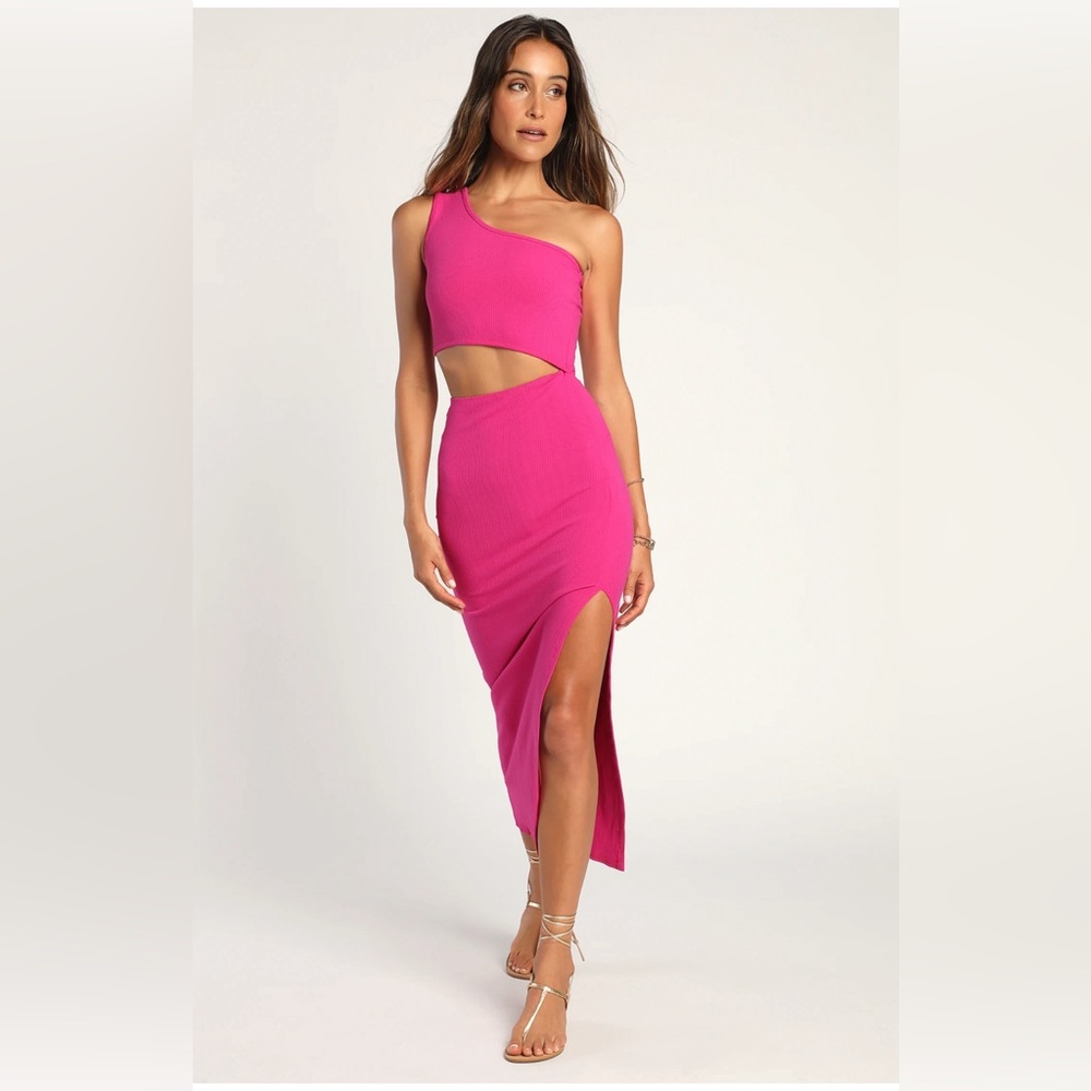Lulus-Spice Things Up Magenta Ribbed One-Shoulder Cutout Midi Dress